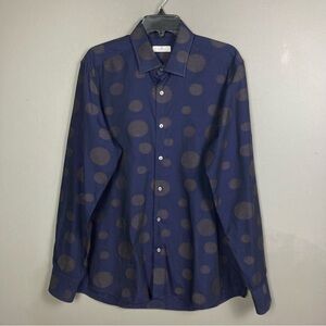 Garmentory dress shirt men's large button down polka dot sateen 100% cotton blue